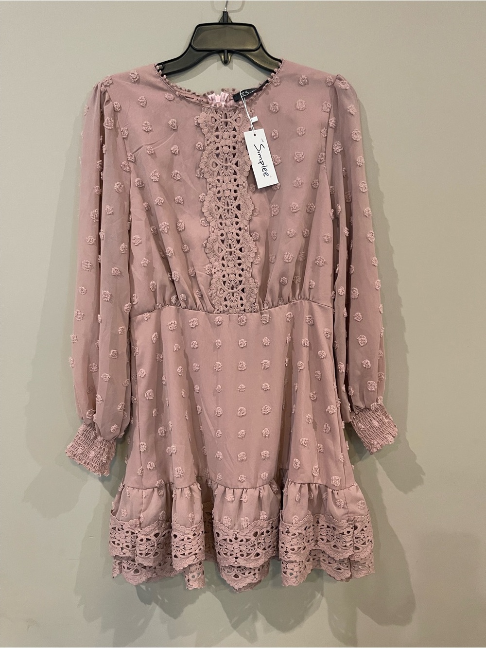 Simplee Apparel Dusty Rose Mini Dress with Crochet Trim